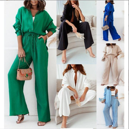 Womens Loose Elastic Long Sleeve Shirt Wide Leg Pants Casual Set