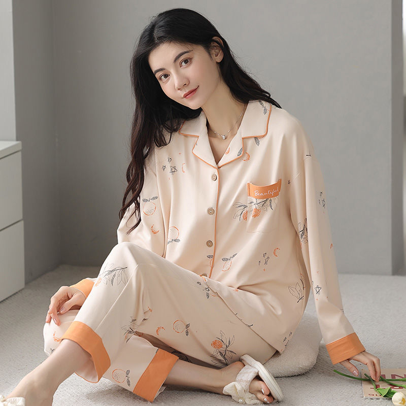 Womens Cotton Cardigan Pajama Long Sleeve Two-Piece Loungewear