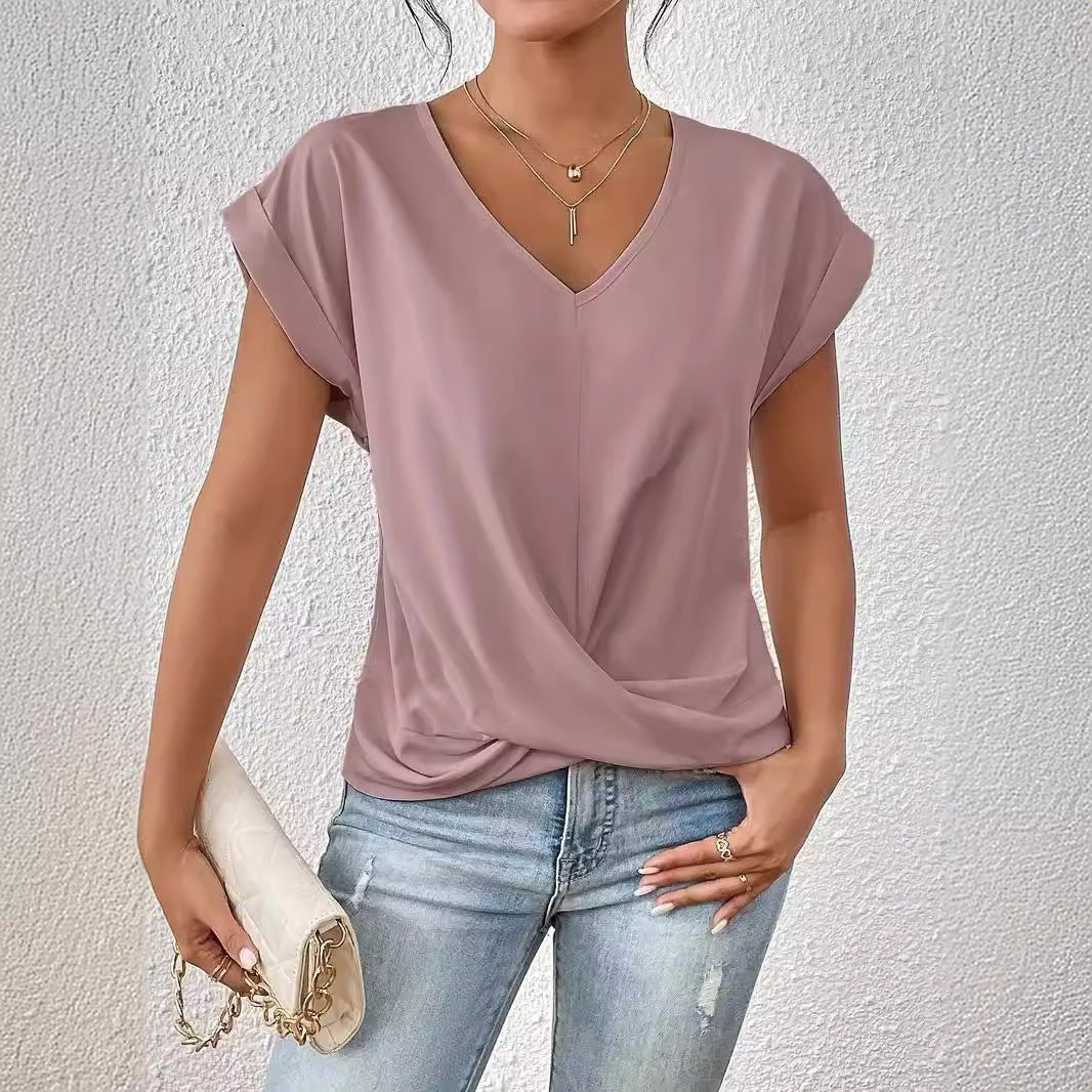 Womens V-Neck Pleated T-Shirt