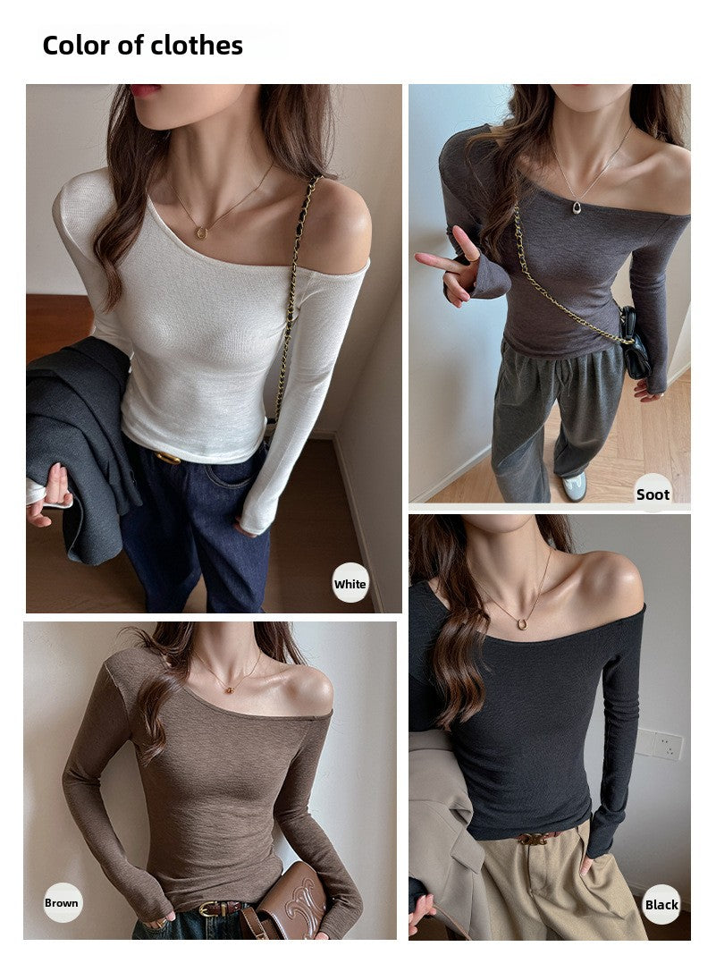 Slanted Shoulder Long Sleeve T-Shirt for Women