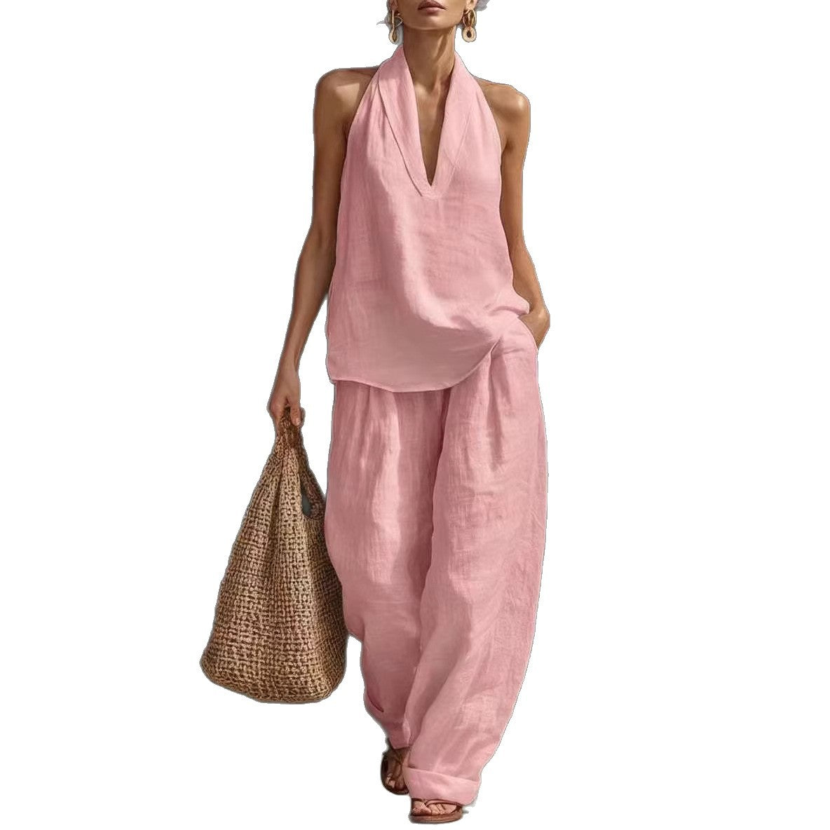 French Style Halter Top and Wide-Leg Pants