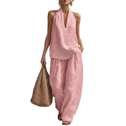 French Style Halter Top and Wide-Leg Pants
