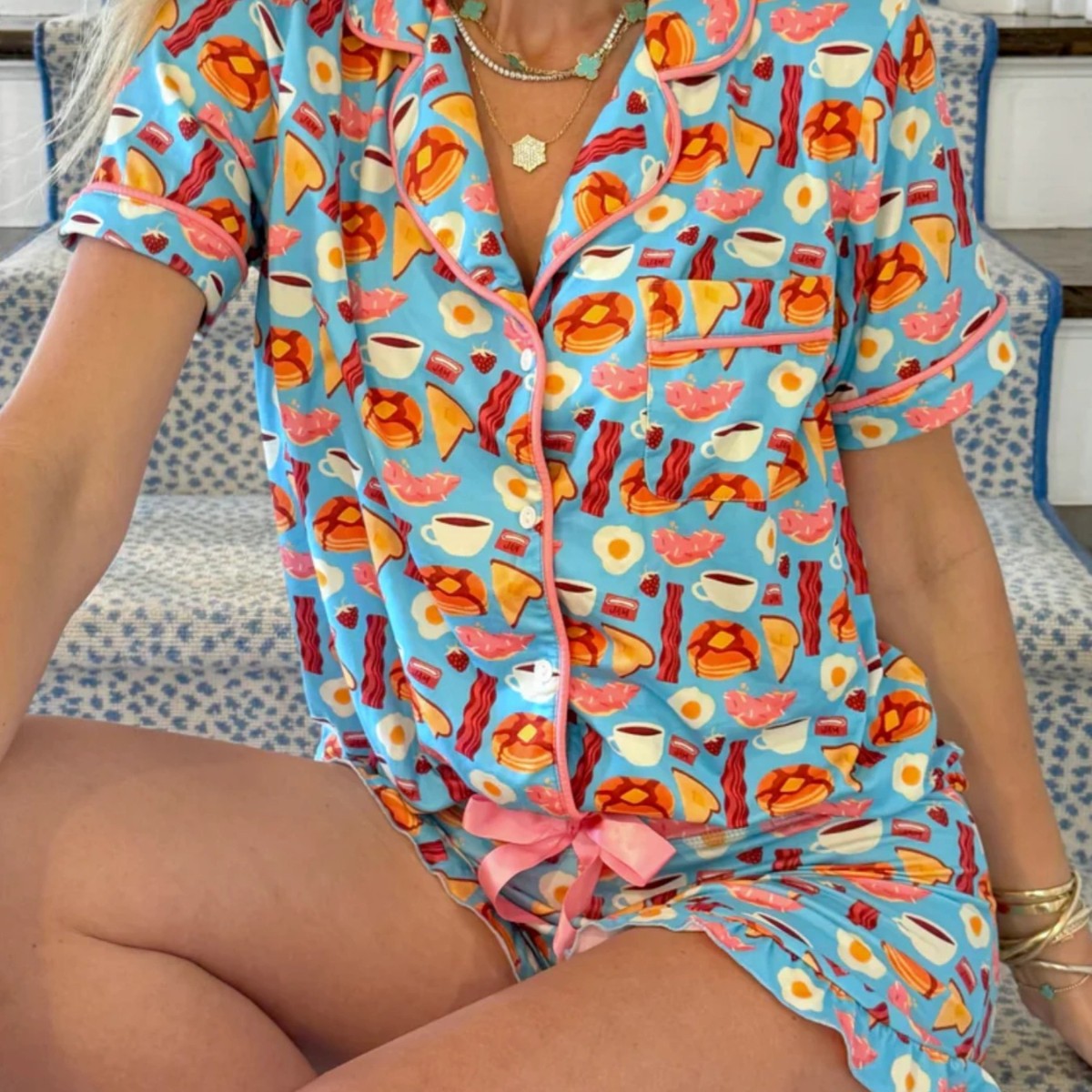 Womens Milk Silk Loungewear Set with Ruffle Shorts