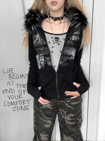 Millennial-style sexy fur-collar women's zip-up jacket
