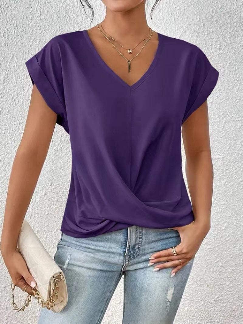 Womens V-Neck Pleated T-Shirt