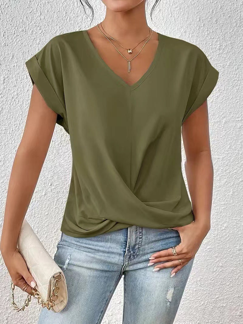 Womens V-Neck Pleated T-Shirt