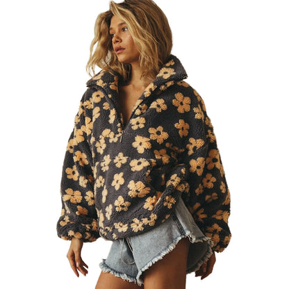 Floral Fleece Hoodie Women Loose Fit Stand Collar