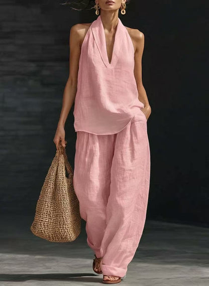 French Style Halter Top and Wide-Leg Pants