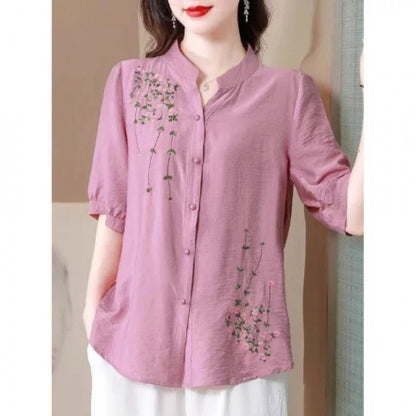 Embroidered Cotton Linen Shirt Women Short Sleeve Top