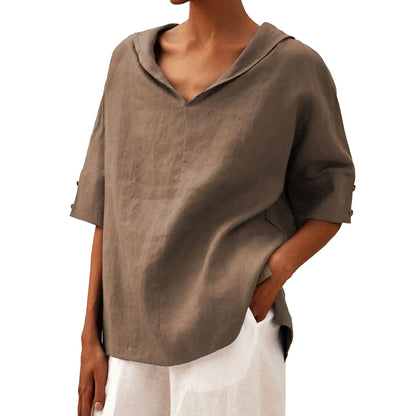Womens Cotton Linen Hooded Pullover Top