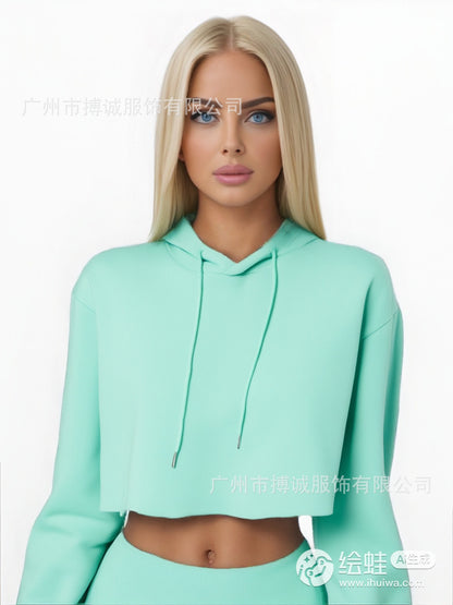 Womens Hooded Cropped Velvet Sweater Streetwear Pullover