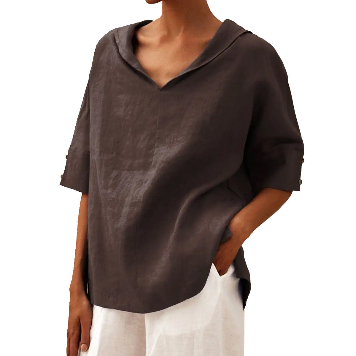 Womens Cotton Linen Hooded Pullover Top