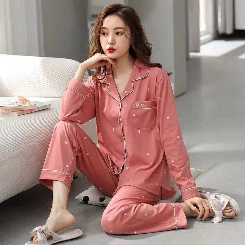 Womens Cotton Cardigan Pajama Long Sleeve Two-Piece Loungewear