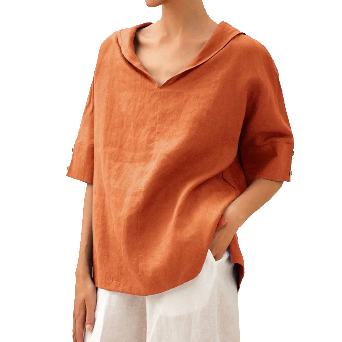 Womens Cotton Linen Hooded Pullover Top