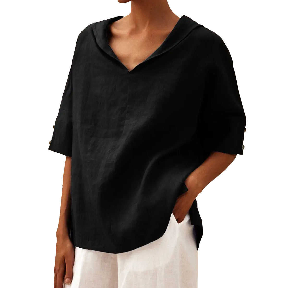 Womens Cotton Linen Hooded Pullover Top