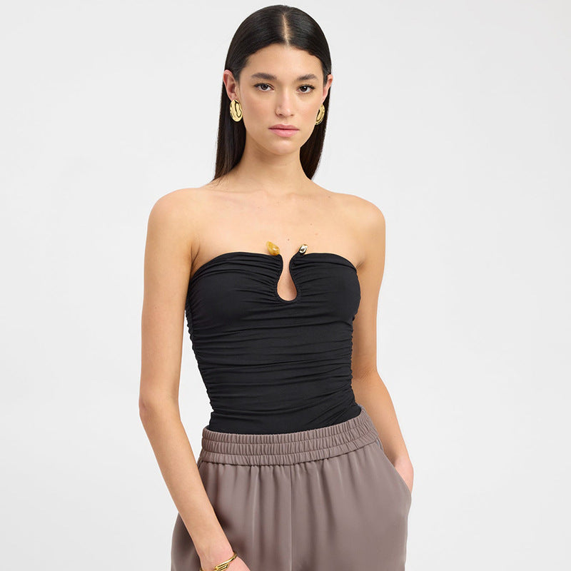 Slim Fit Backless Pleated T-Shirt for Women