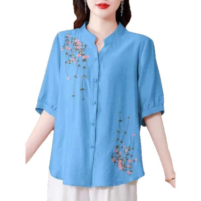 Embroidered Cotton Linen Shirt Women Short Sleeve Top