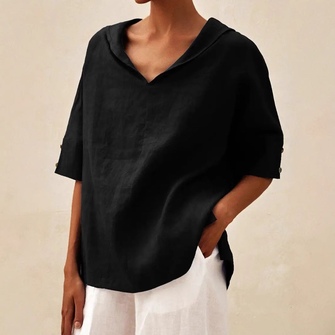 Womens Cotton Linen Hooded Pullover Top
