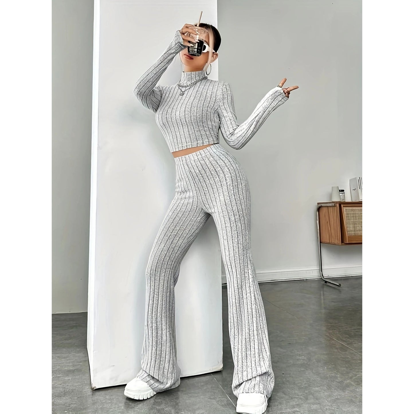 Womens Knitted Hooded Sweatshirt and Pants Set
