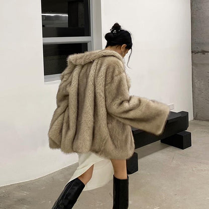 Faux Fox Fur Collar Women Coat
