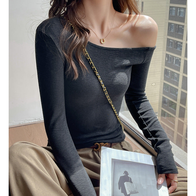 Slanted Shoulder Long Sleeve T-Shirt for Women