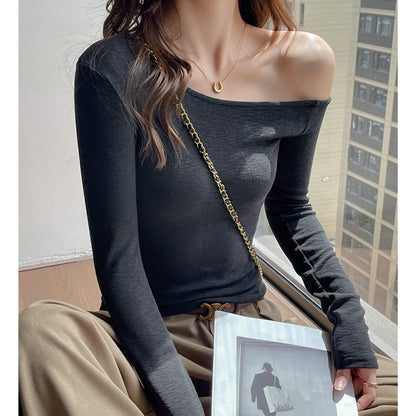 Slanted Shoulder Long Sleeve T-Shirt for Women