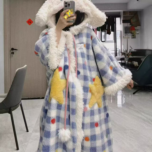 Winter hooded pajamas, robes, fleece-lined and thickened loungewear