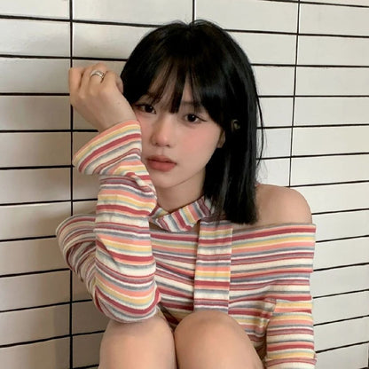 Pink striped long-sleeved T-shirt for women