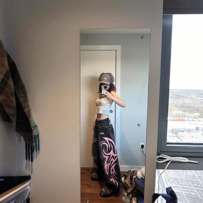Retro Printed Wide-Leg Denim Pants