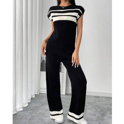 Striped short-sleeved T-shirt and loose wide-leg pants for women