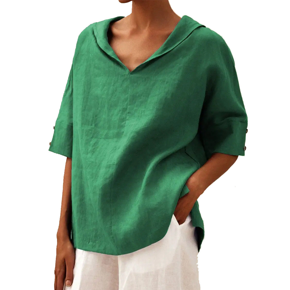 Womens Cotton Linen Hooded Pullover Top