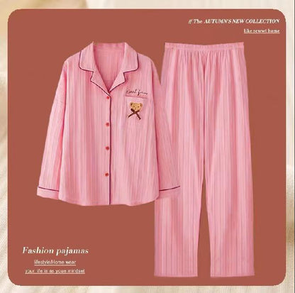 Womens Cotton Cardigan Pajama Long Sleeve Two-Piece Loungewear