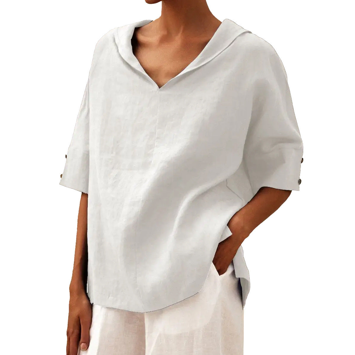 Womens Cotton Linen Hooded Pullover Top