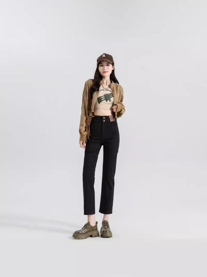 High Waist Denim Pants Women Straight Leg Stretch Jeans