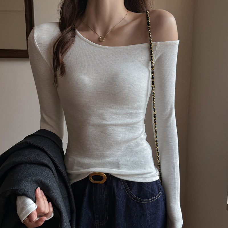 Slanted Shoulder Long Sleeve T-Shirt for Women