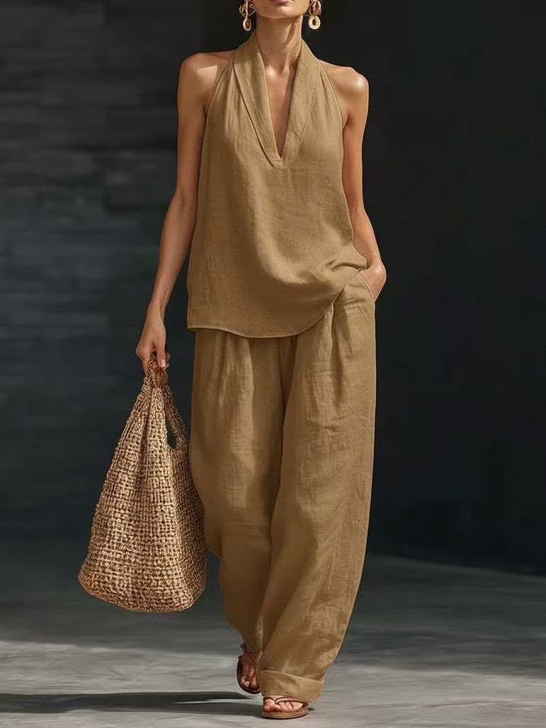 French Style Halter Top and Wide-Leg Pants