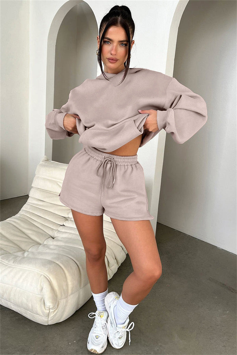 Solid-color hoodie and short-pant set