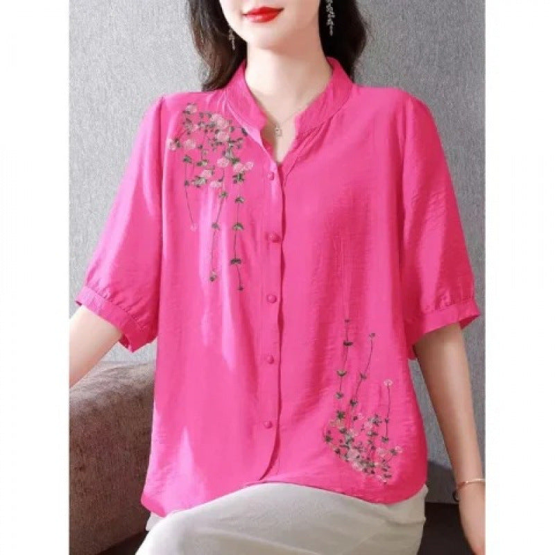 Embroidered Cotton Linen Shirt Women Short Sleeve Top