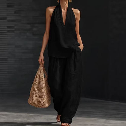 French Style Halter Top and Wide-Leg Pants