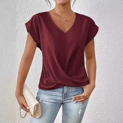 Womens V-Neck Pleated T-Shirt
