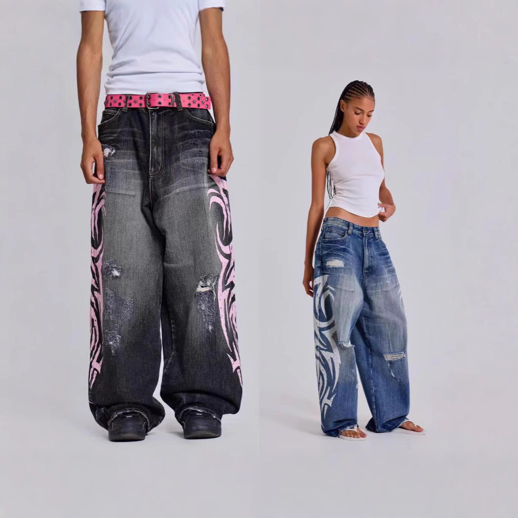 Retro Printed Wide-Leg Denim Pants