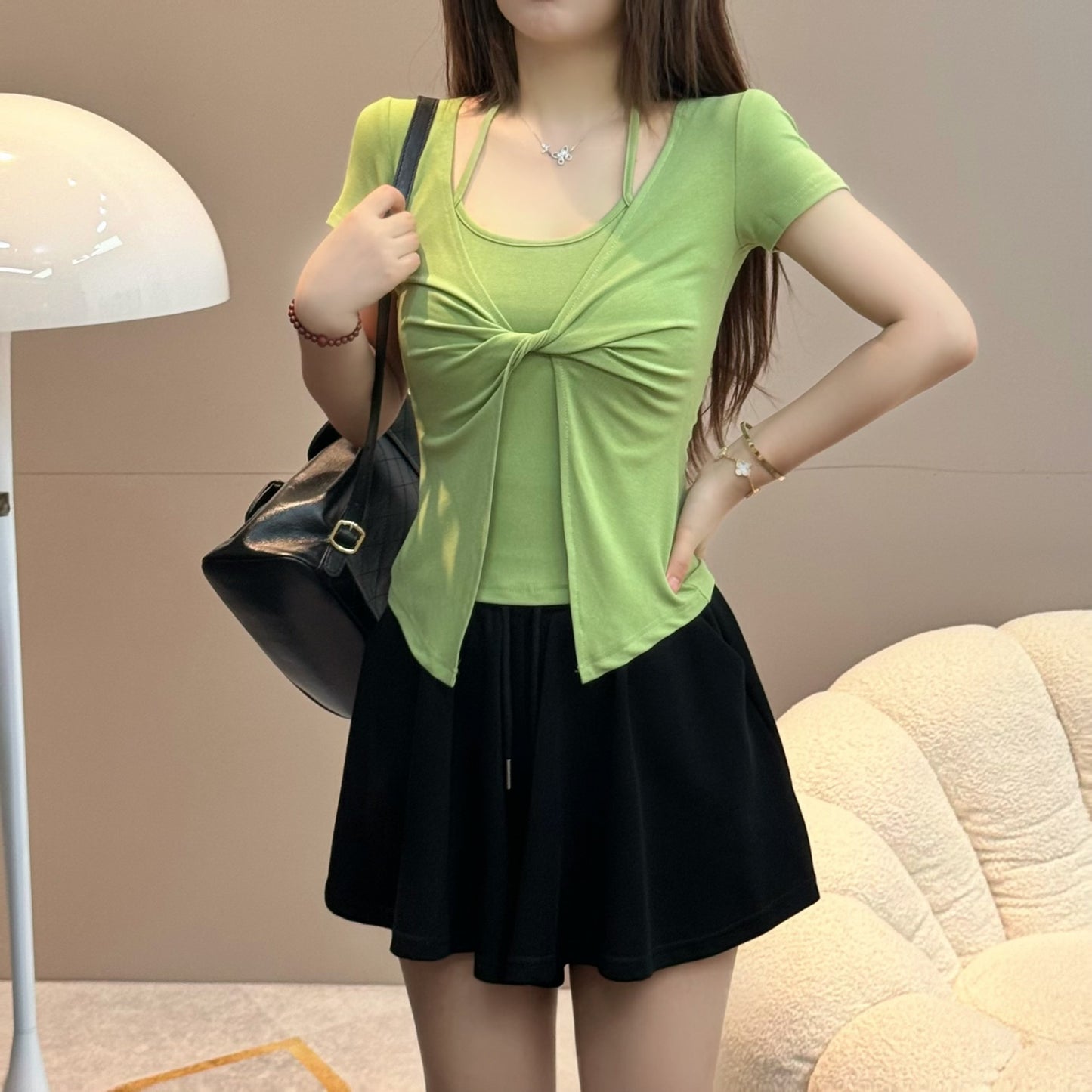Summer Long-Sleeved T-Shirt with Neck Knot for Women (Two Pieces)