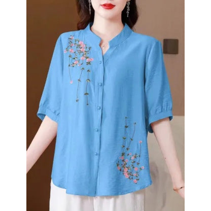 Embroidered Cotton Linen Shirt Women Short Sleeve Top