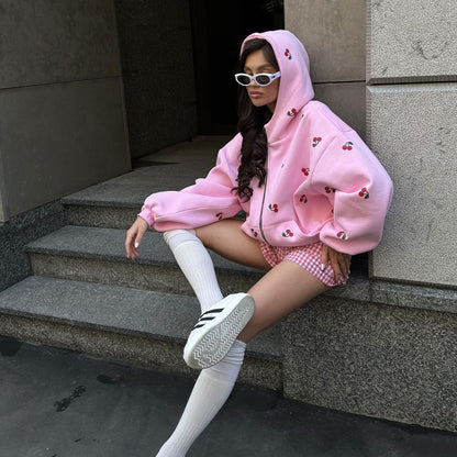 Cherry Print Cotton Hoodie for Women