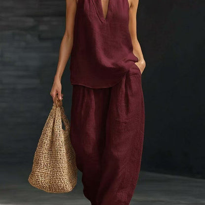 French Style Halter Top and Wide-Leg Pants