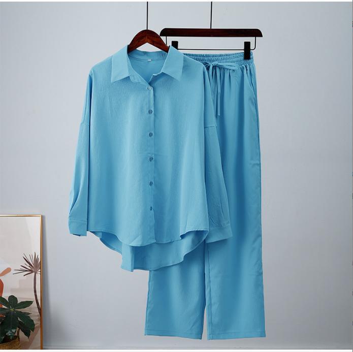 Womens Loose Elastic Long Sleeve Shirt Wide Leg Pants Casual Set