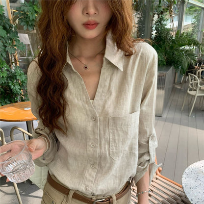 Loose Linen Long Sleeve Shirt for Women