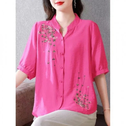 Embroidered Cotton Linen Shirt Women Short Sleeve Top