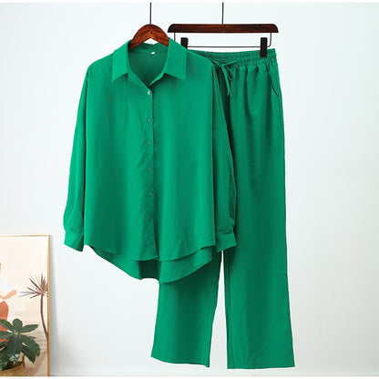 Womens Loose Elastic Long Sleeve Shirt Wide Leg Pants Casual Set