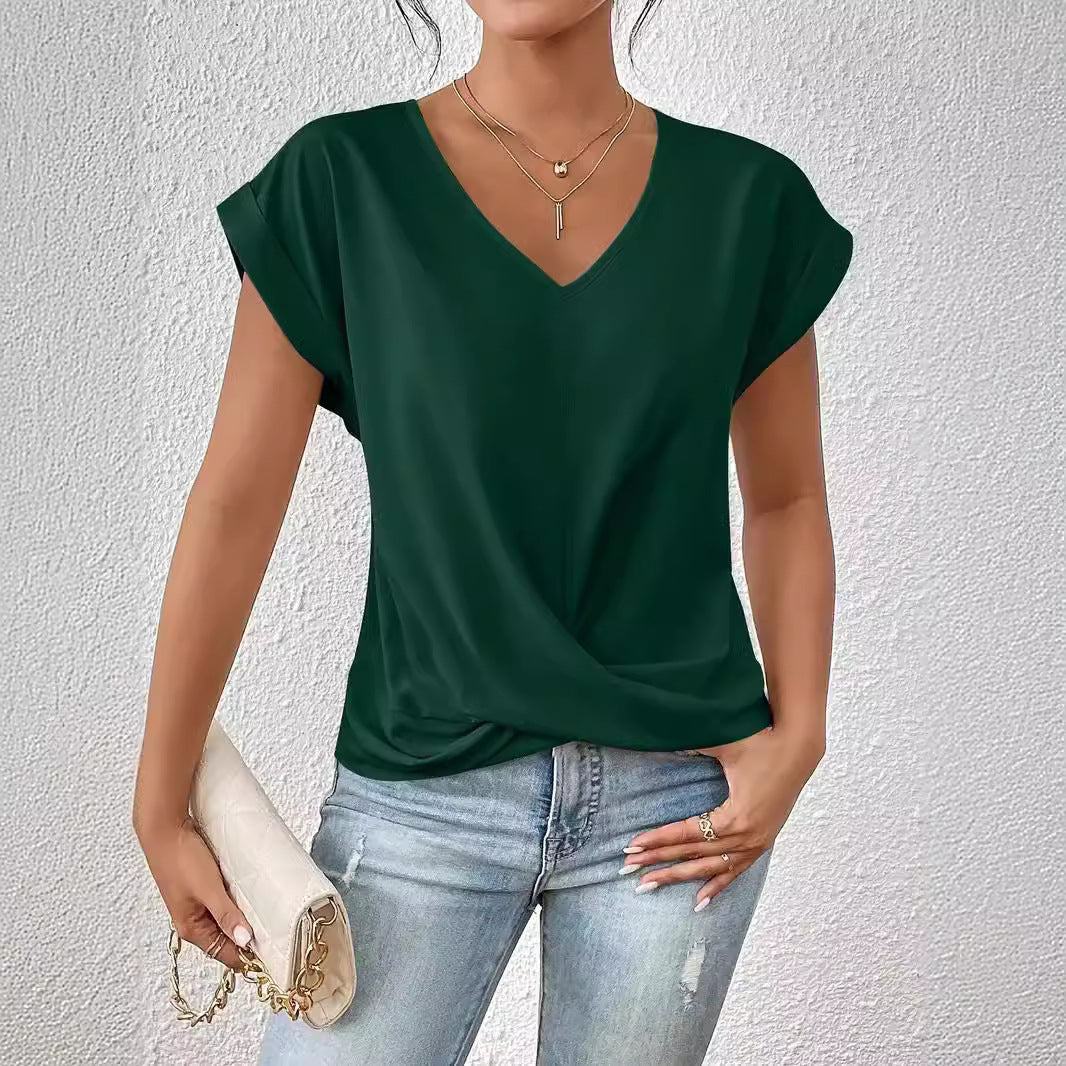 Womens V-Neck Pleated T-Shirt